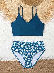 Tween Girl Floral Print Bikini Set Summer Beach - Blue - View 5