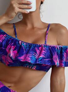 熱帶印花荷葉邊夏季沙灘比基尼套裝 - 寶藍色 - 查看 4