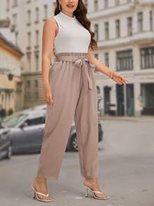SHEIN Essnce Plus Solid Tank Top & Paperbag Waist Belted Trousers - Multicolor - View 3