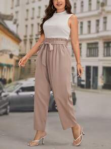 SHEIN Essnce Plus Solid Tank Top & Paperbag Waist Belted Trousers - Multicolor - View 5