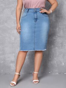 SHEIN Privé Plus High Waist Raw Cut Denim Skirt - Light Wash - View 2