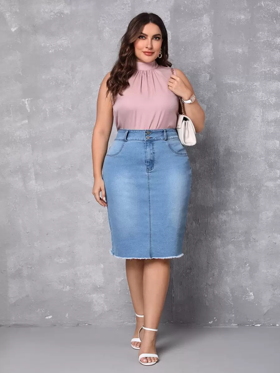SHEIN Privé Plus High Waist Raw Cut Denim Skirt - Light Wash - View 1