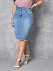 SHEIN Privé Plus High Waist Raw Cut Denim Skirt - Light Wash - View 4