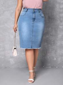 SHEIN Privé Plus High Waist Raw Cut Denim Skirt - Light Wash - View 5