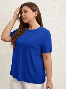 SHEIN BASICS Camiseta unicolor de cuello redondo - azul real - Ver 5