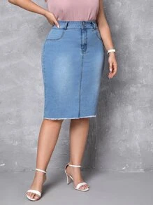 SHEIN Privé Plus High Waist Raw Cut Denim Skirt - Light Wash - View 6