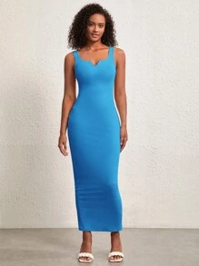 SHEIN BASICS Solid Notched Neckline Tank Dress - Blue - View 1