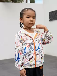 SHEIN 小男童卡通和字母圖案拉鏈開襟連帽夾克