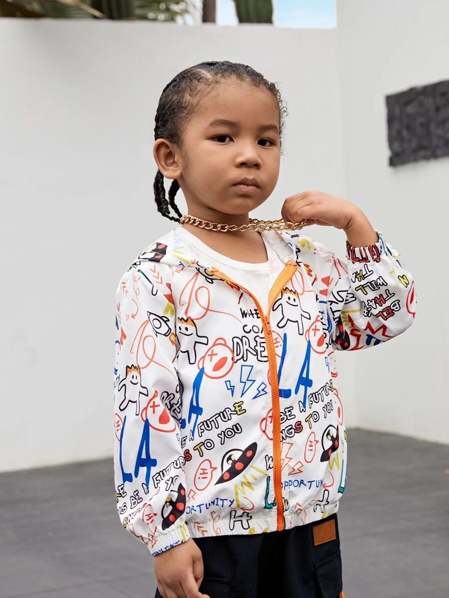 SHEIN 小男童卡通和字母圖案拉鏈開襟連帽夾克