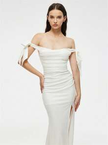 Đầm Xù Dây kéo Tách cao màu trơn Thanh lịch - trắng - Xem 3