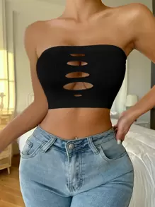 Plain Cut Out Front Tube Bra Strapless Bra Black Tube Toptube Tops Womenstrapless Toptube Topstrapless Tops - Black - View 3