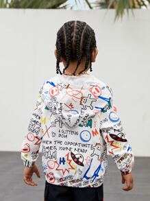 SHEIN 小男童卡通和字母圖案拉鏈開襟連帽夾克