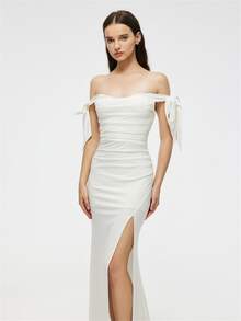 Đầm Xù Dây kéo Tách cao màu trơn Thanh lịch - trắng - Xem 4