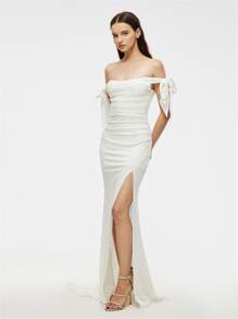 Đầm Xù Dây kéo Tách cao màu trơn Thanh lịch - trắng - Xem 1