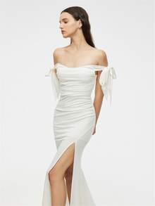 Đầm Xù Dây kéo Tách cao màu trơn Thanh lịch - trắng - Xem 5