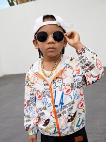 SHEIN 小男童卡通和字母圖案拉鏈開襟連帽夾克