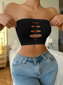 Plain Cut Out Front Tube Bra Strapless Bra Black Tube Toptube Tops Womenstrapless Toptube Topstrapless Tops - Black - View 5