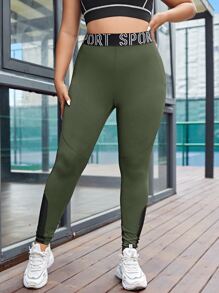 Yoga Basic Quần thể thao Legging Plus Size  & Quần Tương phản Mesh Ruy băng Lá thư - xanh quân đội - Xem 4