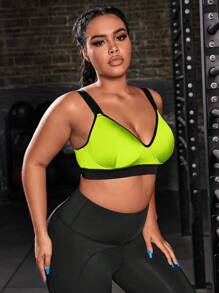 Plus Contrast Binding Sports Bra - Green - View 2