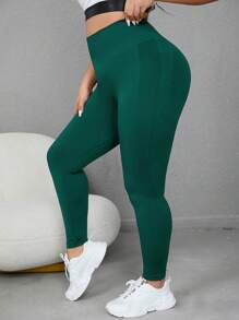 Yoga Basic 大碼素色收復運動打底褲 - 墨綠色 - 查看 3