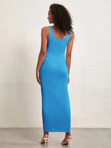 SHEIN BASICS Solid Notched Neckline Tank Dress - Blue - View 2