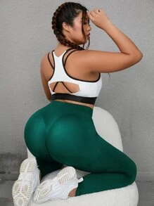 Yoga Basic 大碼素色收復運動打底褲 - 墨綠色 - 查看 5