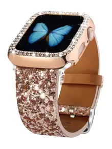 Apple Watch Armband, Apple Watch Armband, Apple Watch Hülle, Apple Watch Armband + Apple Watch Hülle, hochwertige luxuriöse glänzende Schmuckcrystal Strass Rose Gold PC Rahmenhalterung Schutzhülle und Rose Gold glänzendes farbiges Lederarmband 2 Teile zusammen verkauft, kompatibel mit Apple Ultra 2 1 Se S9 8 7 6 5 4 3 2 1 Elegant, edel und schöne Damenersatz Apple Watch Smartwatch 38mm40mm41mm42mm44mm45mm49mm Smartwatch Zubehör Armband Apple Watch Hülle