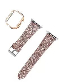 Apple Watch Armband, Apple Watch Armband, Apple Watch Hülle, Apple Watch Armband + Apple Watch Hülle, hochwertige luxuriöse glänzende Schmuckcrystal Strass Rose Gold PC Rahmenhalterung Schutzhülle und Rose Gold glänzendes farbiges Lederarmband 2 Teile zusammen verkauft, kompatibel mit Apple Ultra 2 1 Se S9 8 7 6 5 4 3 2 1 Elegant, edel und schöne Damenersatz Apple Watch Smartwatch 38mm40mm41mm42mm44mm45mm49mm Smartwatch Zubehör Armband Apple Watch Hülle