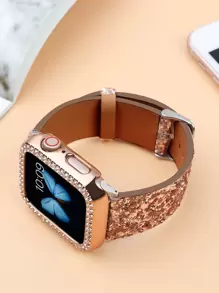 Apple Watch Armband, Apple Watch Armband, Apple Watch Hülle, Apple Watch Armband + Apple Watch Hülle, hochwertige luxuriöse glänzende Schmuckcrystal Strass Rose Gold PC Rahmenhalterung Schutzhülle und Rose Gold glänzendes farbiges Lederarmband 2 Teile zusammen verkauft, kompatibel mit Apple Ultra 2 1 Se S9 8 7 6 5 4 3 2 1 Elegant, edel und schöne Damenersatz Apple Watch Smartwatch 38mm40mm41mm42mm44mm45mm49mm Smartwatch Zubehör Armband Apple Watch Hülle