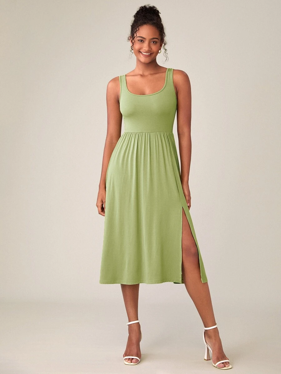SHEIN BASICS Solid Split Thigh Dress - Lime Green - View 1