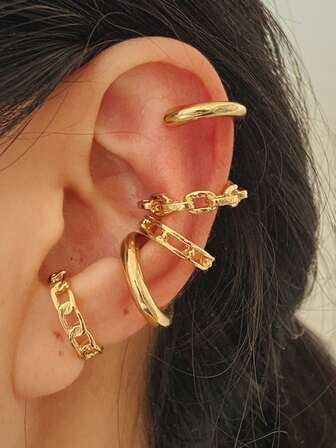 5入組/套時尚鏈條設計耳夾適合女士日常裝飾