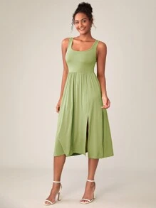 SHEIN BASICS Solid Split Thigh Dress - Lime Green - View 3