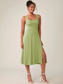 SHEIN BASICS Solid Split Thigh Dress - Lime Green - View 4