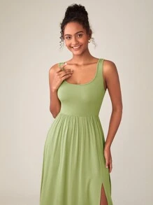SHEIN BASICS Solid Split Thigh Dress - Lime Green - View 5