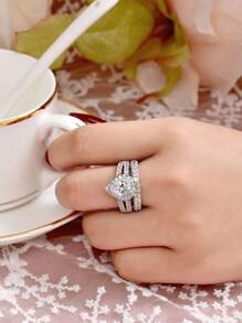 AIHUASI 2 件/套 925 純銀女士婚禮訂婚戒指套裝 7*9 毫米閃亮梨形切割立方新娘套裝精美珠寶情人節禮物 - 銀色 - 查看 3