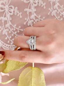 AIHUASI 2 件/套 925 純銀女士婚禮訂婚戒指套裝 7*9 毫米閃亮梨形切割立方新娘套裝精美珠寶情人節禮物 - 銀色 - 查看 5