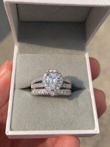 AIHUASI 2 件/套 925 純銀女士婚禮訂婚戒指套裝 7*9 毫米閃亮梨形切割立方新娘套裝精美珠寶情人節禮物 - 銀色 - 查看 9