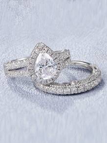 AIHUASI 2 件/套 925 純銀女士婚禮訂婚戒指套裝 7*9 毫米閃亮梨形切割立方新娘套裝精美珠寶情人節禮物 - 銀色 - 查看 10