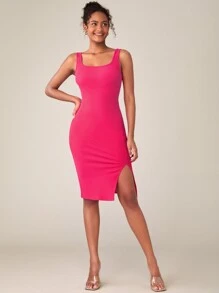 SHEIN BASICS Split Thigh Solid Bodycon Dress - Hot Pink - View 1
