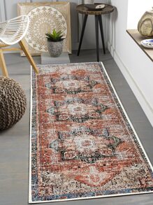 1pc Flower Pattern Rug, Vintage Polyester Rectangle Design Floor Carpet For Home ,Room Decor - Multicolor - View 4