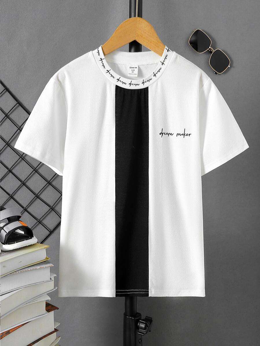 SHEIN Boys Letter Graphic Colourblock Tee - White - View 1
