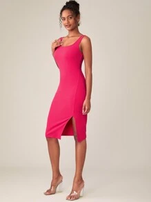 SHEIN BASICS Split Thigh Solid Bodycon Dress - Hot Pink - View 3