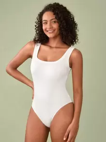 SHEIN BASICS Solid Tank Bodysuit - White - View 1