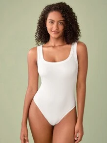SHEIN BASICS Solid Tank Bodysuit - White - View 3