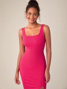 SHEIN BASICS Split Thigh Solid Bodycon Dress - Hot Pink - View 5