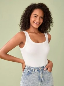 SHEIN BASICS Solid Tank Bodysuit - White - View 5