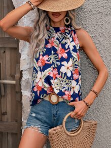 SHEIN VCAY Tropical Print Knot Halter Neck Blouse - Navy Blue - View 5