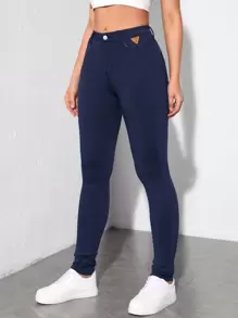 SHEIN Tall Quần dài ôm vừa vặn màu trơn thời trang dành cho nữ - Màu xanh hải quân - Xem 2