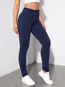 SHEIN Tall Quần dài ôm vừa vặn màu trơn thời trang dành cho nữ - Màu xanh hải quân - Xem 4