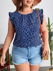 SHEIN VCAY Plus Hjärttryck Volang Trim Sommar Boho Blus - Blått och Vitt - Visa 1